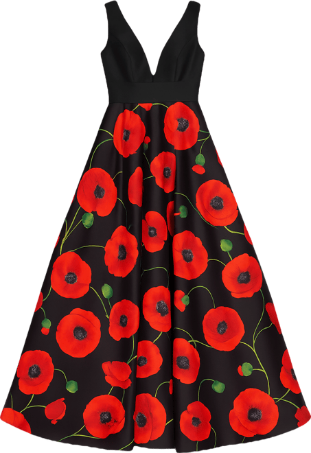 Women's Black Plunge Neck Ballgown With Floral Mikado Skirt