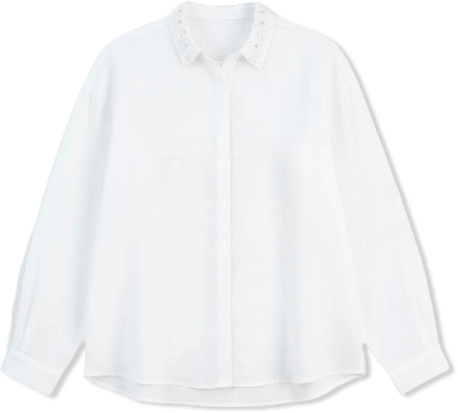 Plus Size Linen Beaded-Collar Long-Sleeve Blouse, Macy's Exclusive