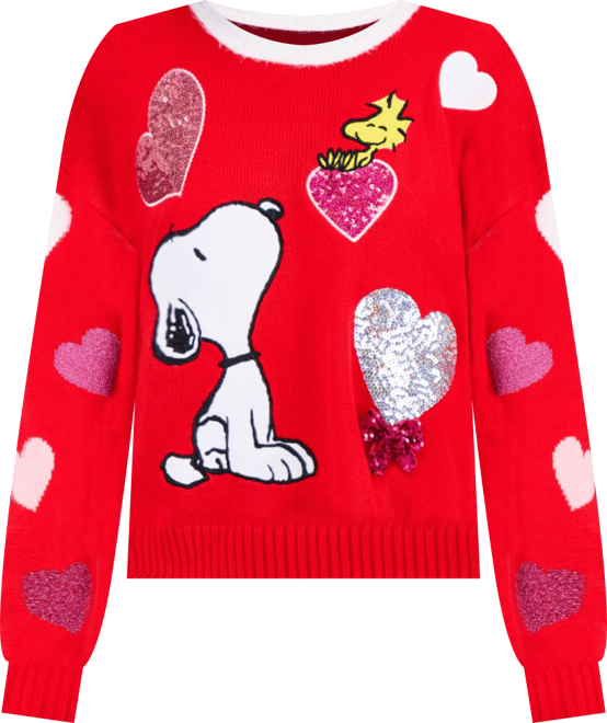 Juniors' Sequin Heart Snoopy Sweater