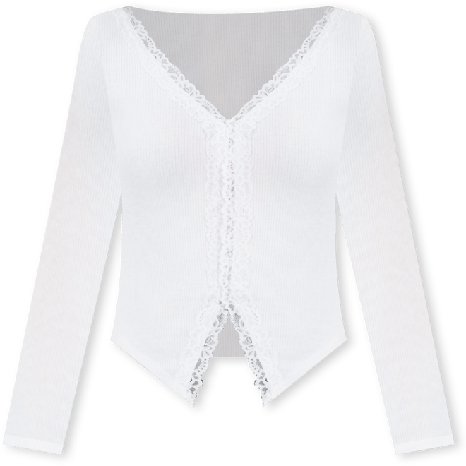 Juniors' Lace-Trim Long-Sleeve Ribbed Top