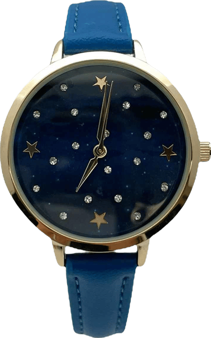 Stars and Rhinestones Faux Leather Women Watch, Blue