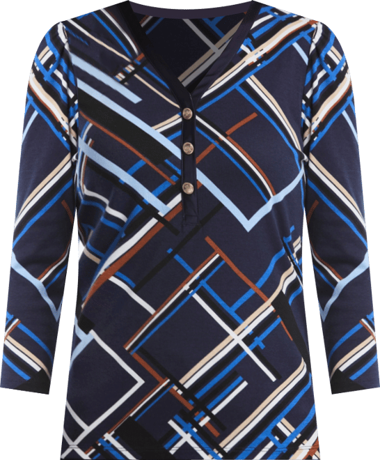 Petite Tossed Stripe Print 3/4 Puff Sleeve V-Neck Top