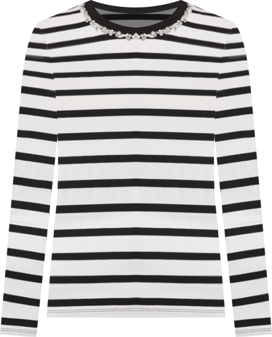 Petite Striped Print Embellished Neck Long Sleeve Top