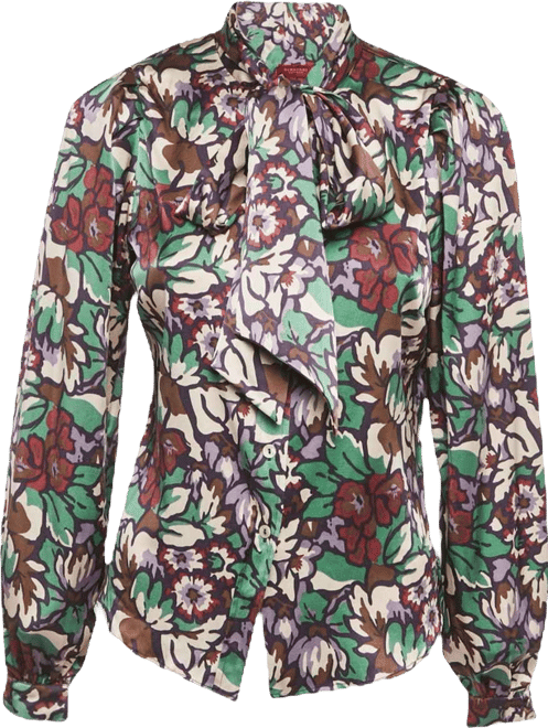 Women's London Printed Satin Silk Tie-Up Neck Detail Blouse