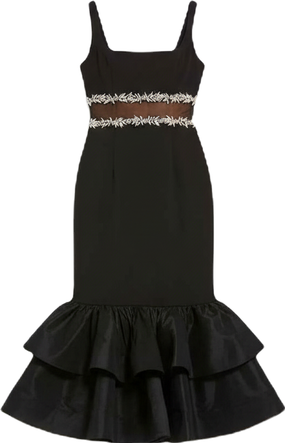 Women's Crepe Midi Dress with Jewel Detail & Ruffle Hem