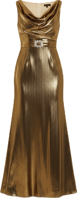 Women's Metallic Sleeveless Cowl Neck Trumpet Gown with Belt