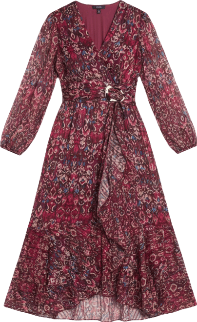 Women's Long-Sleeve Mock Surplus Wrap Printed Dress