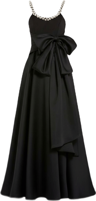 Women's Satin Gown With Pearl Neckline and Bow Detail