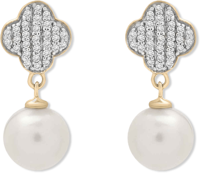Cultured Freshwater Pearl (7mm) and Diamond (1/10 ct. t.w.) Clover Earrings in 14k Yellow Gold Over Sterling Silver