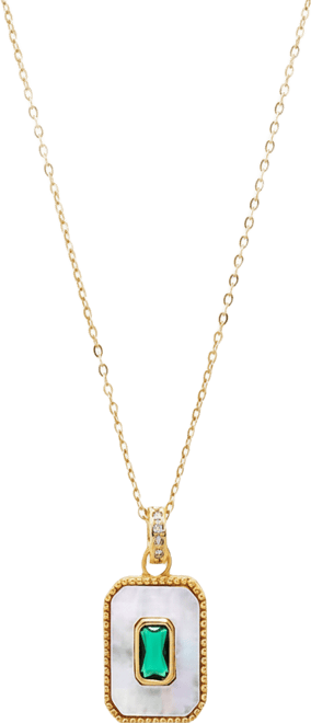 Green Cubic Zirconia Mother Of Pearl Dog Tag Necklace