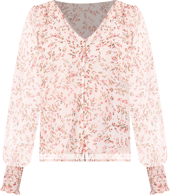 Petite Button-Front Smocked-Cuff Blouse