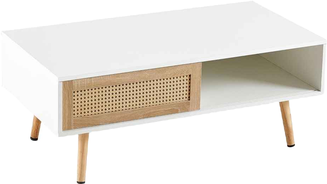 Modern Rattan Coffee Table with Sliding Door Storage and Solid Wood Legs