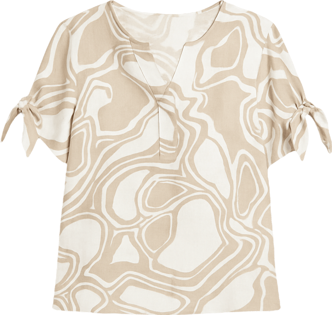 Women's 100% Linen Tile Tie-Cuff Split-Neck Top, Macy's Exclusive