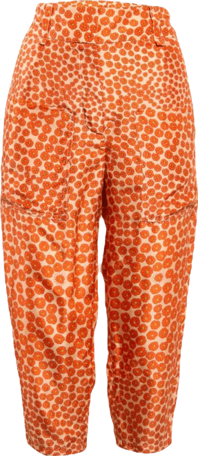 Women's Orange Ditsy Floral Print Silk Trousers