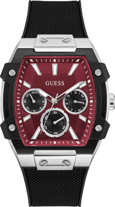 Men's Silver-Tone Black Silicone Multi-Function Watch, 44mm