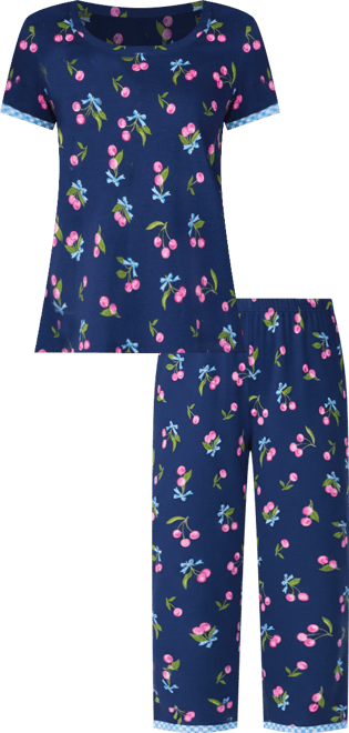 Women's Cropped Short-Sleeve Pajama Top and Pants, 2-Piece Set