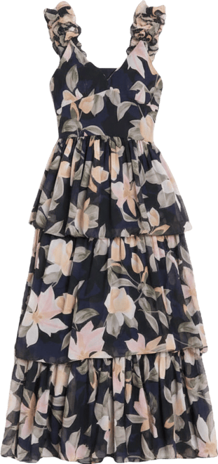 Women's Long Tiered Ruffled Shoulder Maxi Dress