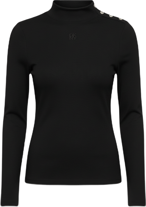 Women's Jewel Button Shoulder Mock Neck Long-Sleeve T-Shirt