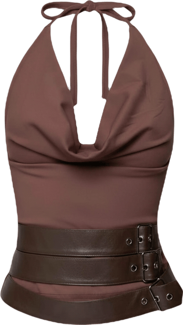Womens Buckle Cowl Neck Backless Top