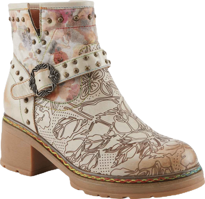 Women's Branchout Hand-Painted Leather Booties with Etched Botanical Motifs, Studded Buckle Strap, Inside Zipper, and Rainbow Stitching 