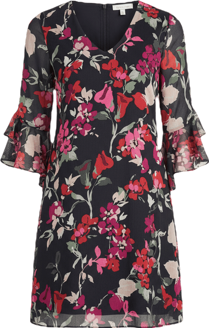 calvin klein v-neck 3/4 sleeve crinkled chiffon floral shift dress Calvin Klein Floral Print Crinkle Chiffon V-Neck 3/4 Bell Sleeve Dress