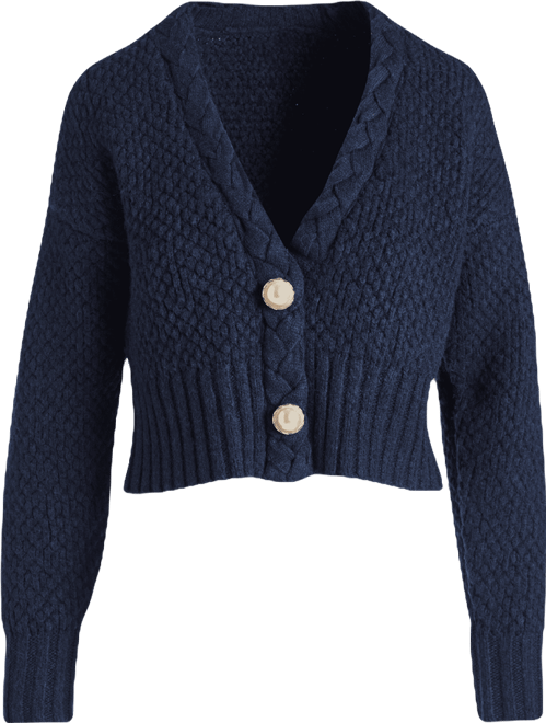 Textured Braid Detail Cardigan - Navy | Boston Proper