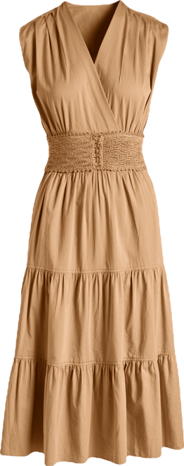 Boston Proper - Iced Coffee Brown - Crochet Trim Poplin Tiered Midi Dress - Medium