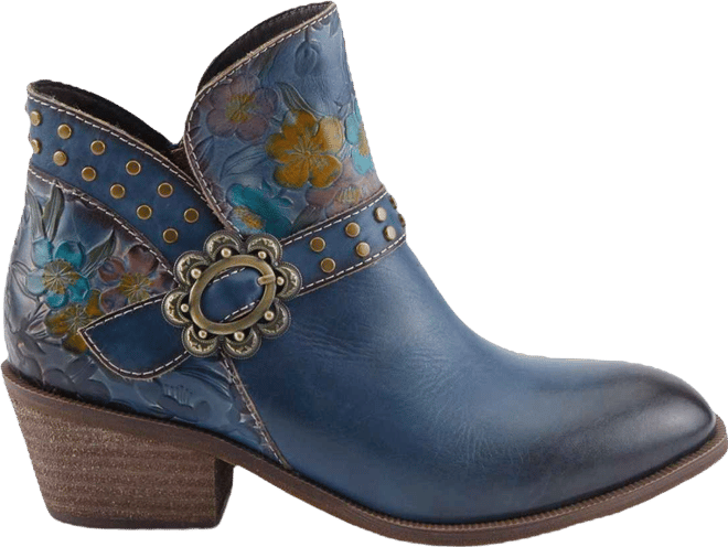 Women's Daintylady Western Ankle Boots with Hand-Painted Floral Embossing, Studded Belt Detail, Side Zipper, and 2¼" Heel –