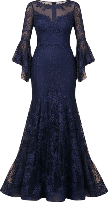 Women's Illusion Neck, Long Bell Sleeve Gown