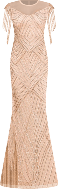 Women's Beaded Fringe Illusion Dress with Cap Sleeves