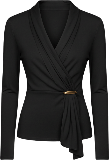 Women's Long Sleeves Drape Neck Bar Hardware Top