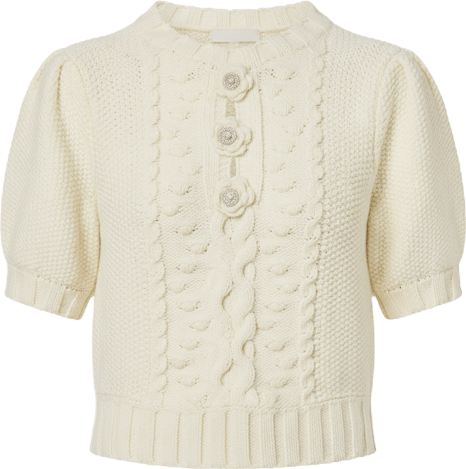 Women's Cable Puff Sleeve Knit with Flower Details