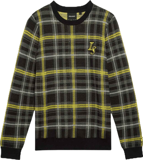 Men's Ribbed Jacquard Tartan Crew Neck