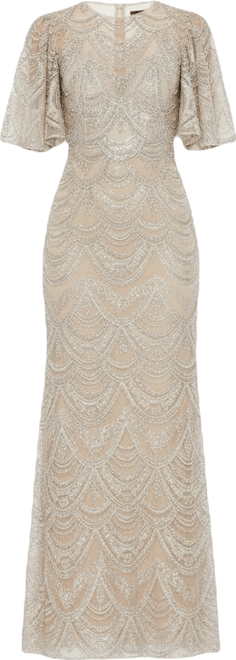 Women's Embellished Flutter Sleeve High Neck Gown