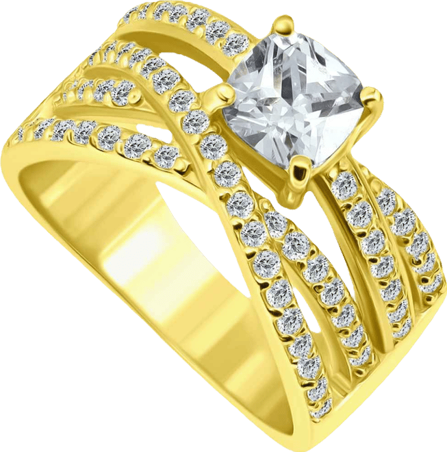 Cubic Zirconia Intertwined Band with Cushion Prong Center Ring in Silver Plate