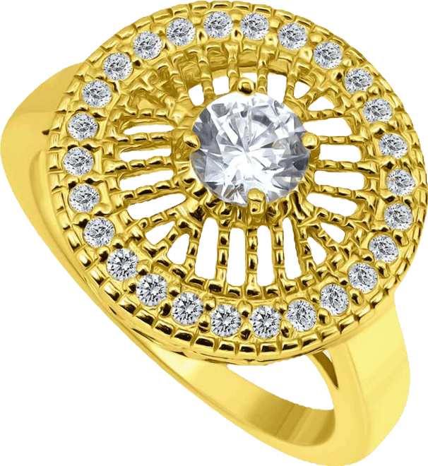 Cubic Zirconia Medallion Ring with Round Prong Center Stone in Silver Plate