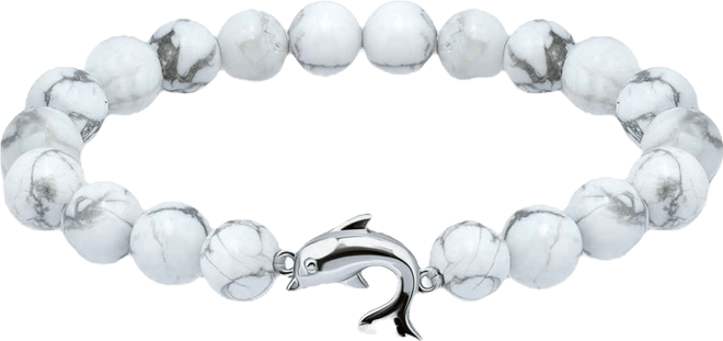 Howlite Chrysocolla Beads and Dolphin Charm Station Silver Plated Stretch Bracelet