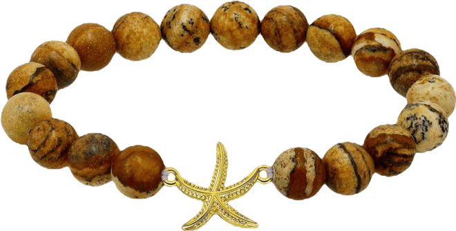 Picture Jasper Beads and Starfish Charm Gold Plated Stretch Bracelet