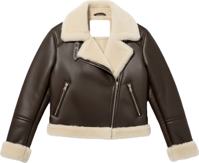 Women's Cropped Aviator Style Shearling Jacket with Contrast Trim