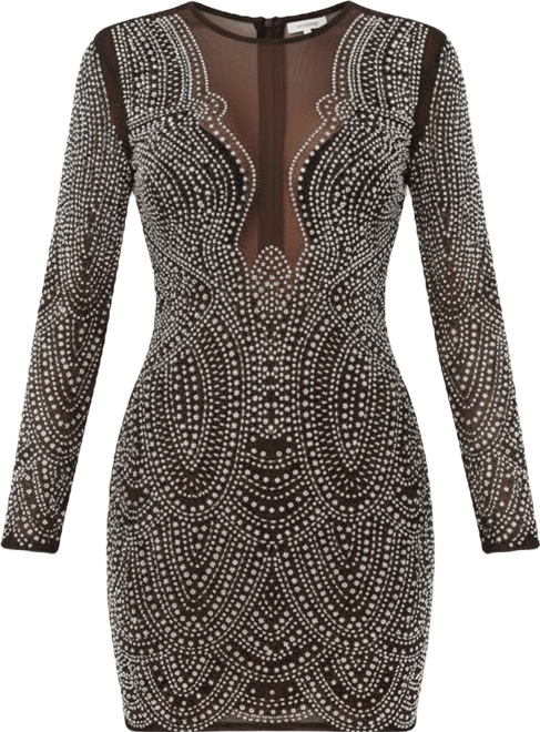 Women's Long Sleeve Embellished Illusion Mesh Mini Dress
