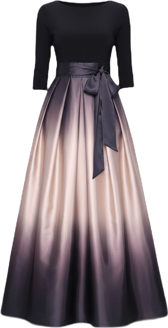 ignite evenings ombre dress Ignite Evenings Ombre Satin Boat Neck 3/4 Sleeve Tie Waist Pocketed Gown
