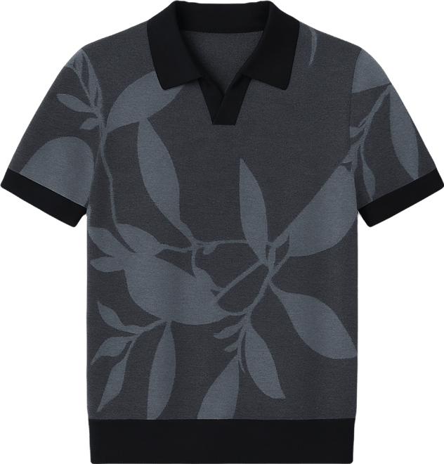 Men's Short-Sleeve Leaf Patterned Open Polo Collar Sweater
