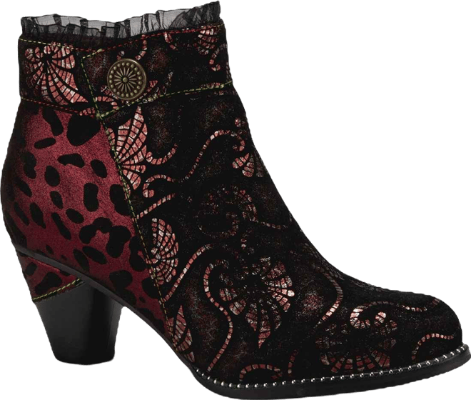 Women's Dessa French-Inspired Leather Booties with Animal Print and Metallic Suede, Ruffle Collar, Rainbow Stitching, and Cone Heel – Textur