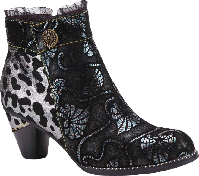 Women's Dessa French-Inspired Leather Booties with Animal Print and Metallic Suede, Ruffle Collar, Rainbow Stitching, and Cone Heel – Textur