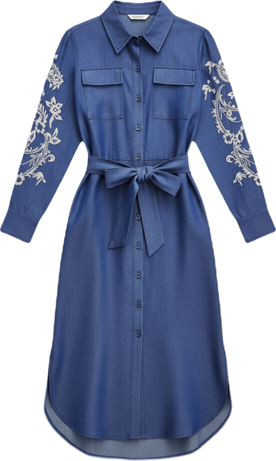 Women's Embroidered-Sleeve Denim Shirtdress