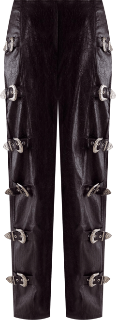 Women's Faux Leather Buckle Detail Pants