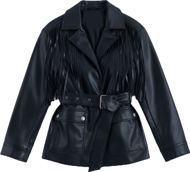 Women's Fringe Faux Leather Belted Jacket
