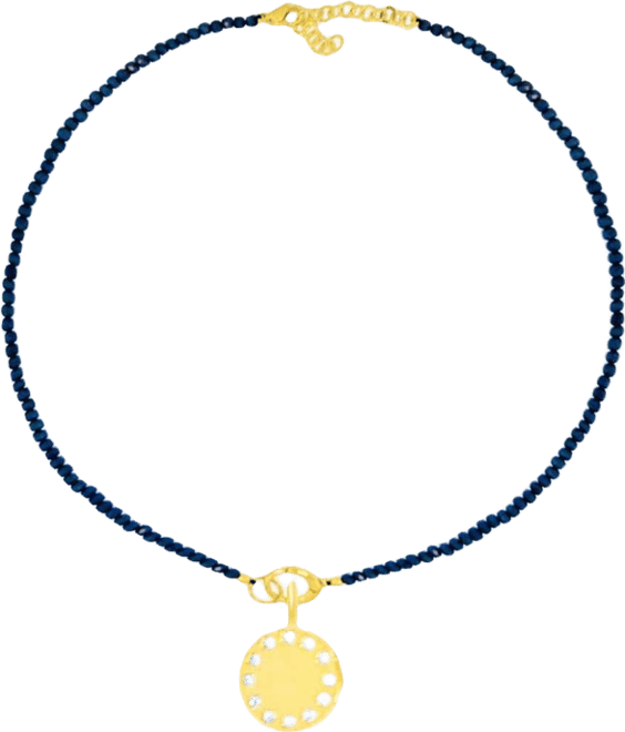 Created Blue Sapphire Bead Necklace with Disc Charm and Cz Accents Adjustable