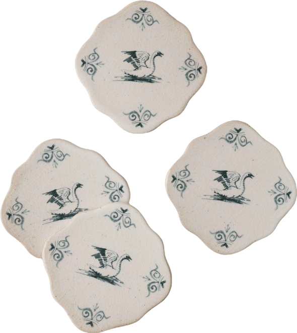 Set Di 4 Sottobicchieri In Vetro Black Ginger Con Cigni, Ogni Disegno è Diverso E Impilandoli Si Forma Un Quadro Completo