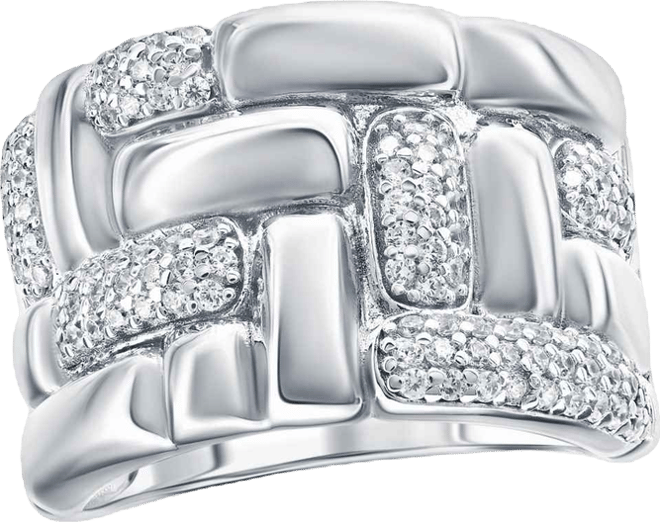 Pave Cubic Zirconia Silver Puff Woven Motif Extra Wide Band Ring